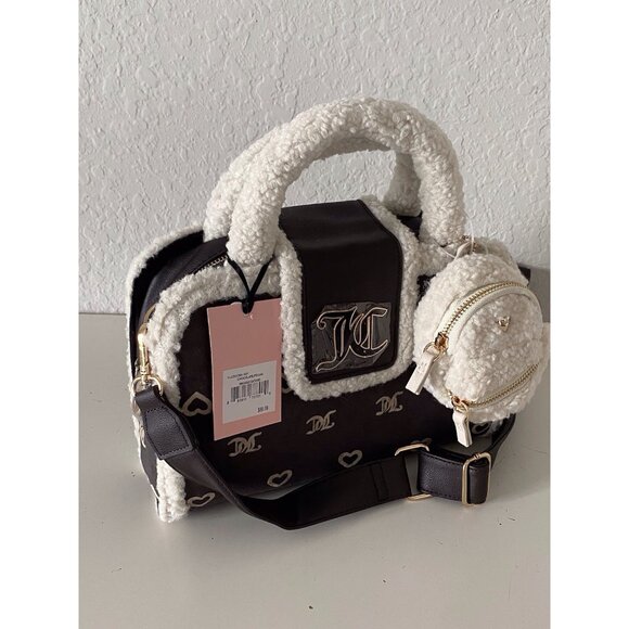 Juicy Couture Chocolate Pecan Sherpa Crossbody Snuggle Satchel Bag W/Charm NEW - Picture 10 of 15